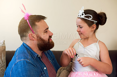 Buy stock photo Lipstick, father and child with playing in home for bonding, fantasy and dress up game with lips product. People, dad and daughter in cosplay with makeup, imagination and parenting with cosmetics fun