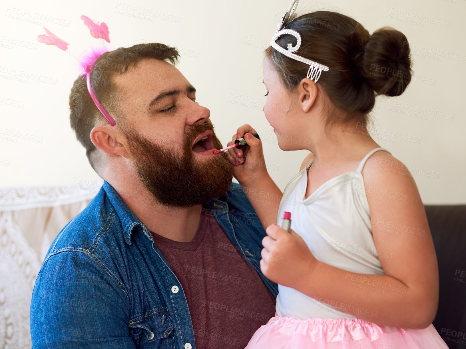Buy stock photo Makeup, father and girl playing in home for bonding, fantasy and dress up game with lips product. Cosplay, dad and daughter in house with childhood, imagination and parenting with cosmetics fun