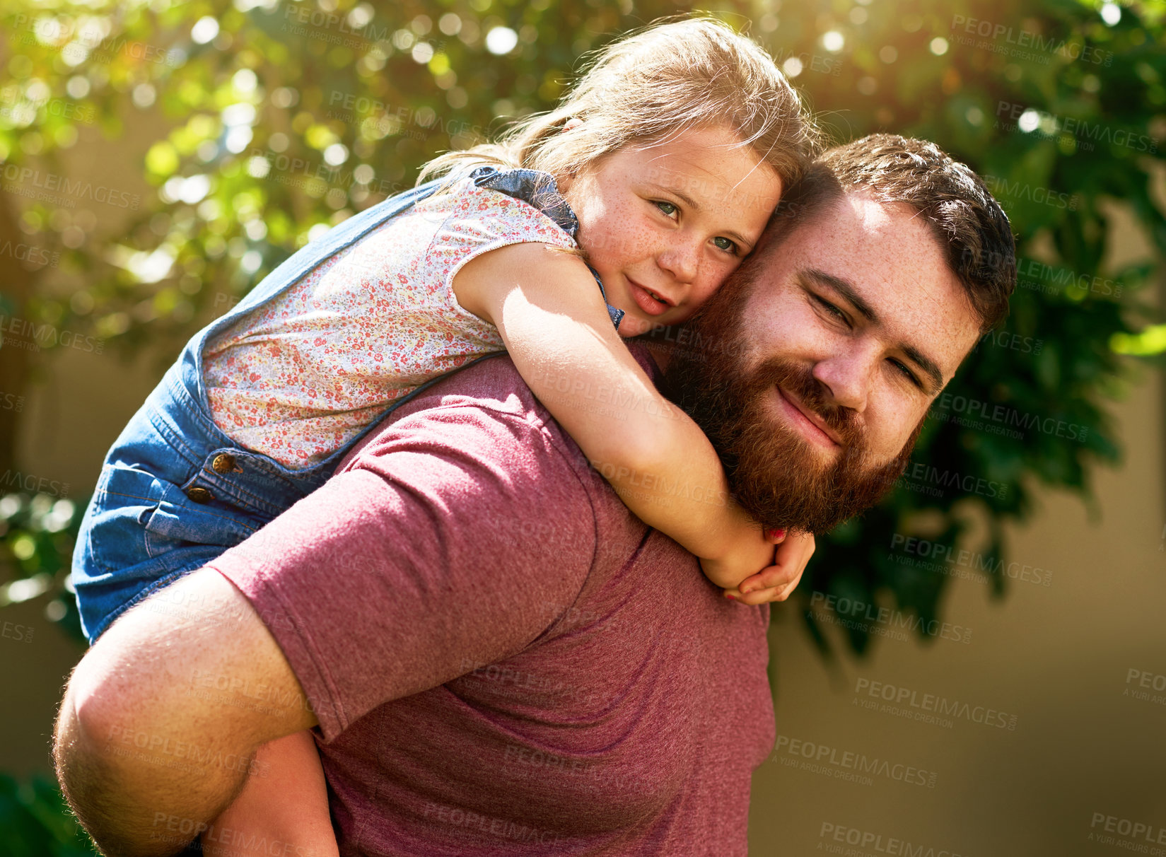 Buy stock photo Dad, child and piggy back in portrait with bonding. smile and hug on outdoor adventure with weekend in garden. Happy face, father and girl in backyard together with support, trust or summer growth