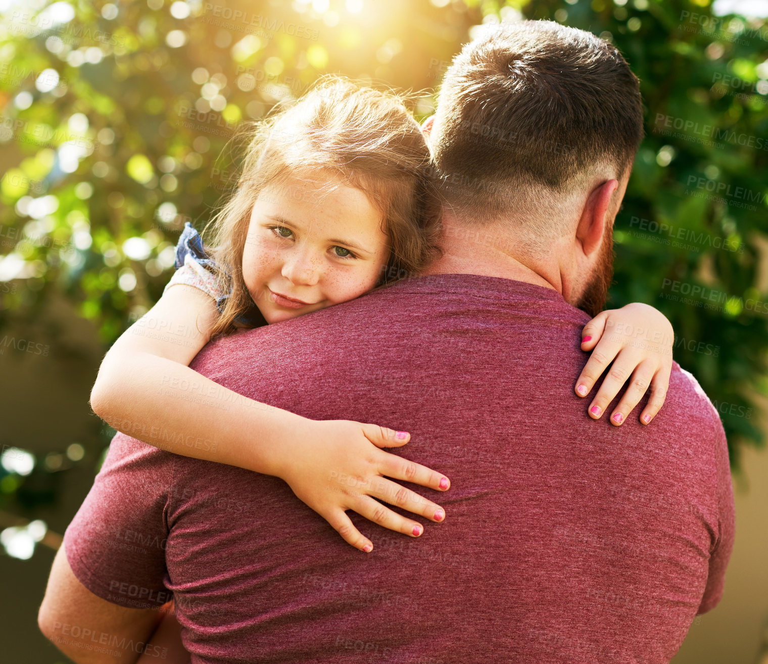 Buy stock photo Dad, kid and portrait of hug in garden with bonding, smile and outdoor love on summer weekend. Care, father and girl in backyard together with support, trust or happy child development with embrace