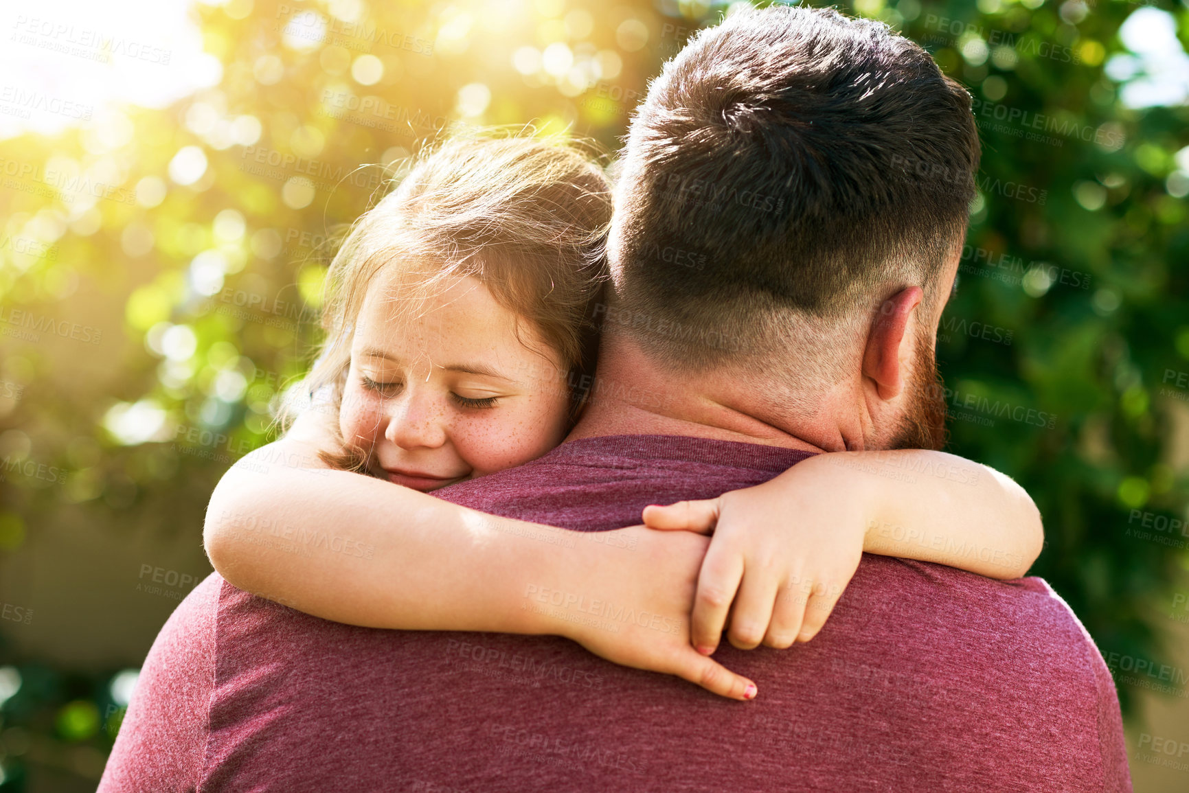 Buy stock photo Happy, hug and father with child in garden for bonding, loving relationship and affection in morning. Family, parenting and dad with young girl embrace outdoors for trust, care and support in nature