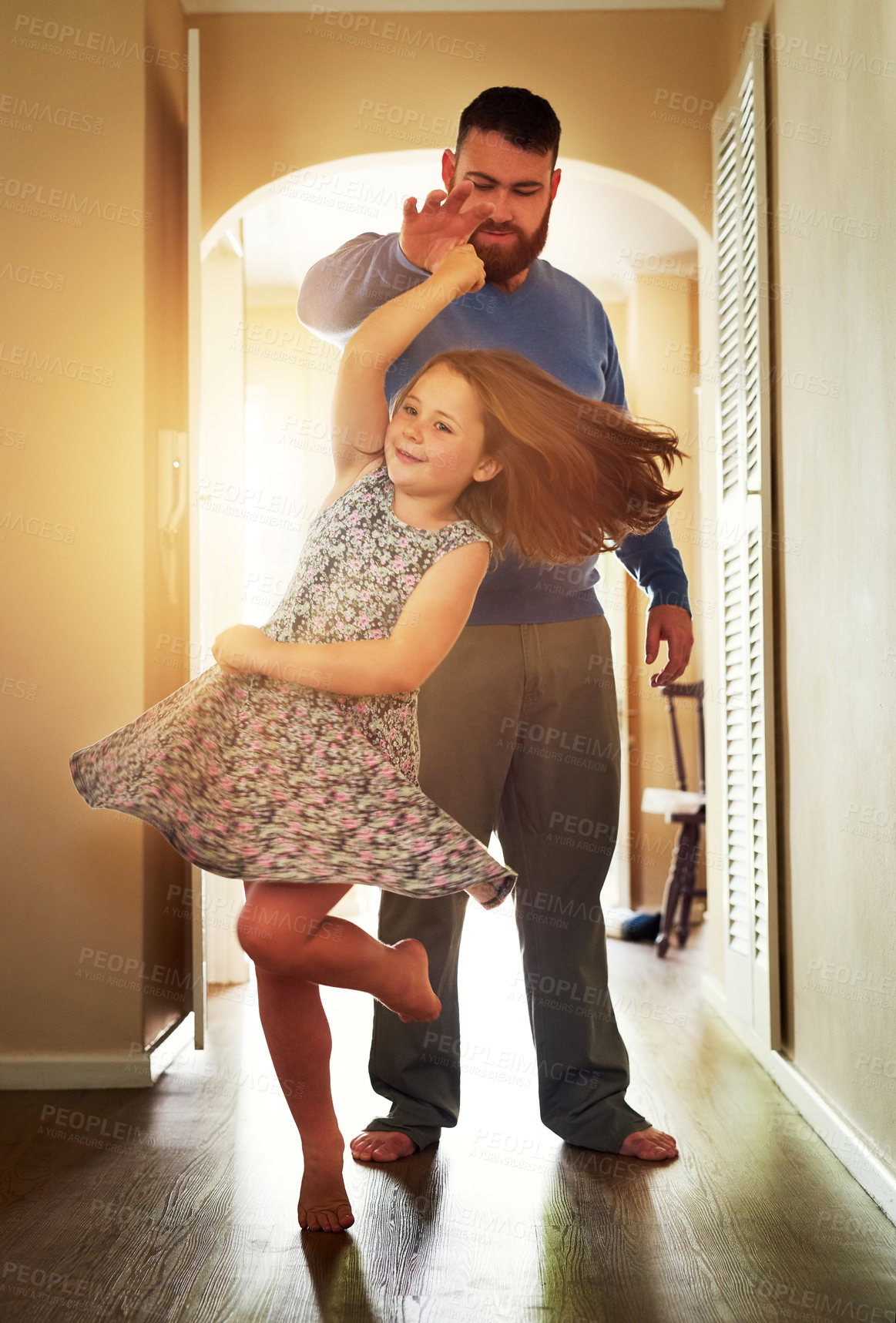 Buy stock photo Dad, girl or dancing in home with spin for youth, growth or development with role model. Father, happy dancer or playful in house for learning or bonding, superhero parent with hand for teaching move