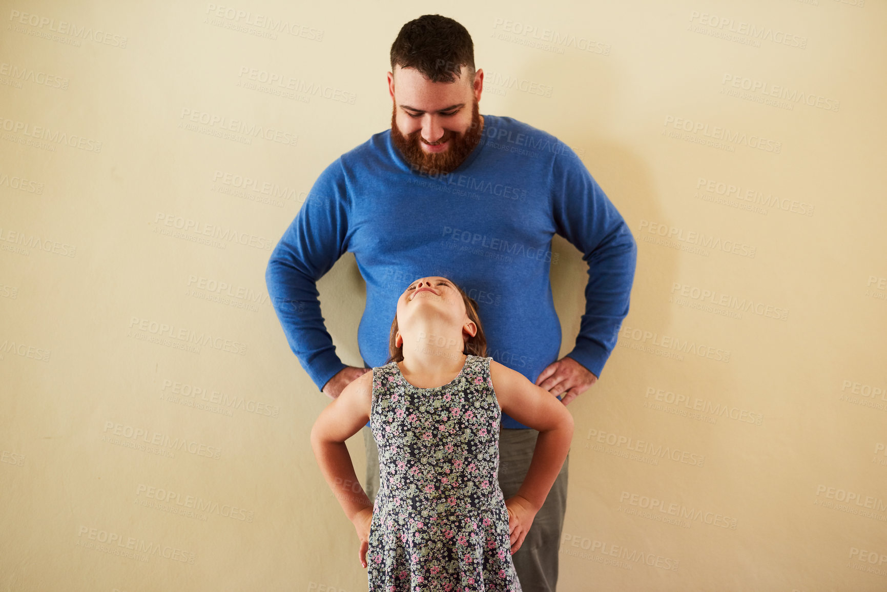 Buy stock photo Smile, care and dad in home with girl for bonding, growth and child development together on white background. Love, trust and father looking at daughter with support, fun and happy family in house