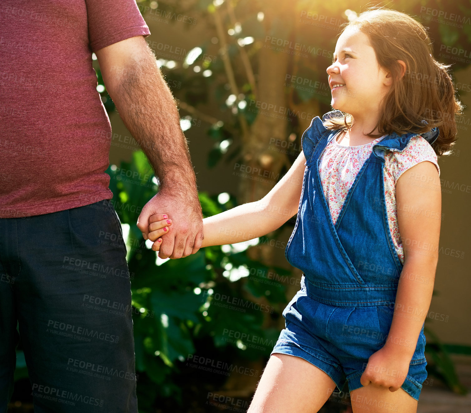 Buy stock photo Walking, holding hands and dad with child in garden for bonding, loving relationship and relax together. Family, home backyard and father with girl for playing, fun and happy outdoors on weekend