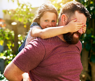 Buy stock photo Dad, child and cover eyes in garden with peekaboo, smile and piggy back on outdoor adventure with weekend game. Happy portrait, father and girl in backyard together with support, playing and surprise