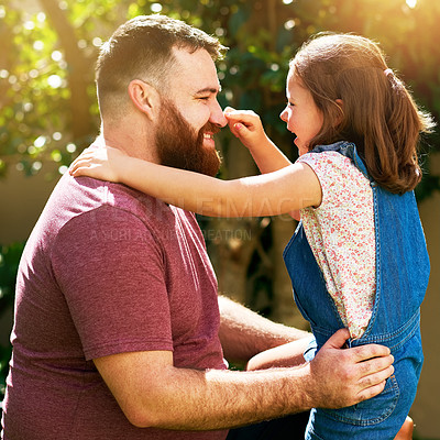 Buy stock photo Dad, child and smile in garden with bonding, care and playing on outdoor adventure with weekend game. Love, father and girl in backyard together in playful support, trust or happy growth with embrace