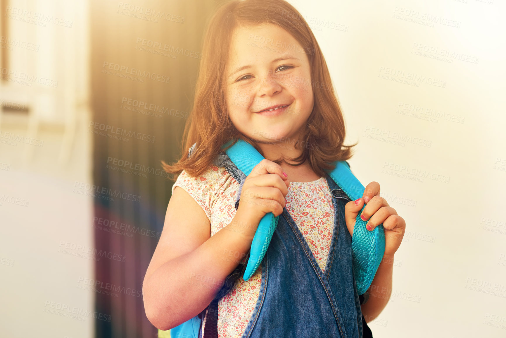 Buy stock photo Backpack, school and portrait of child in home ready in morning for learning, education and knowledge. Student, happy and young girl in hallway for excited for development, youth academy and class