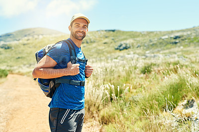 Buy stock photo Portrait of a young man out on a hike