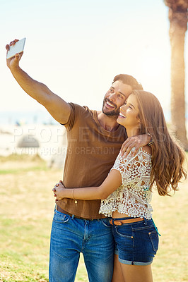 Buy stock photo Selfie, hug and couple with love, outdoor and romance with happiness, time together and relationship. Nature, embrace and man with woman, memory and profile picture with vacation, marriage and smile