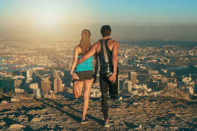 Buy stock photo Mountain, fitness and couple stretching together for morning workout, health and wellness from back. Warm up, man and woman getting ready for muscle exercise, marathon training and support at sunrise