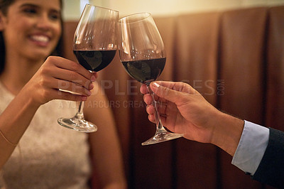 Buy stock photo Love, couple and hands for cheers with wine, restaurant and celebrate Valentines day, happiness or quality time. Romance, man or woman with alcohol, glass for toast or affection for bonding or loving