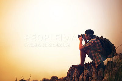 Buy stock photo Sunset, landscape photographer and man on mountain for picture on holiday, vacation and mockup space. Camera, photography and person at cliff outdoor for hiking, adventure and travel with view of fog