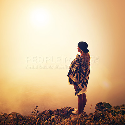 Buy stock photo Woman, hiking and scenery on foggy mountain with blanket, adventure and mockup at sunrise. Person, sightseeing and view of landscape with natural environment, hill and trekking for fitness or hobby