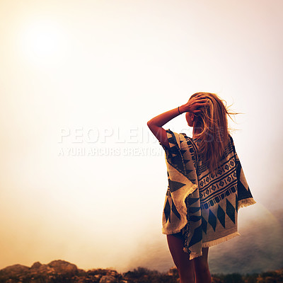 Buy stock photo Woman, hiking and relax on misty mountain with travel, adventure and mockup at sunrise. Back, sightseeing and scenery of freedom with natural environment, cliff and view for holiday or weekend trip