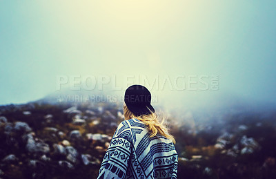 Buy stock photo Travel, mountain and back of woman in nature for adventure, explore or hiking in morning. Rear view, mockup and female person with foggy sky for trekking, journey or weekend trip to Switzerland