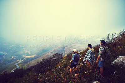 Buy stock photo Mountain, people and friends on hike in countryside for fitness, explore and adventure in back view. Survival, unity and excited with achievement on holiday or vacation as nature mockup on hill