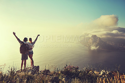 Buy stock photo Hiking, view and adventure with couple in mountains for health, exercise or sightseeing together in summer. Peru, nature and travel with man, woman and hug on summit trail or peak for horizon holiday