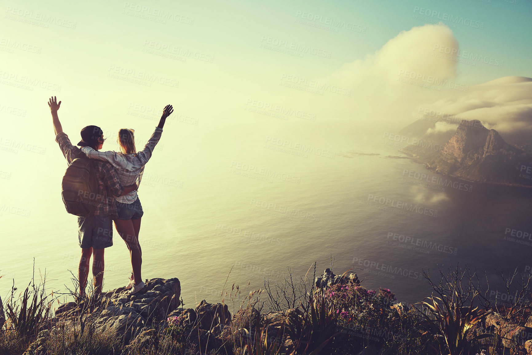 Buy stock photo Hiking, view and celebration with couple in mountains for health, exercise or sightseeing together in summer. Peru, nature and travel with man, woman and hug on summit trail for horizon adventure