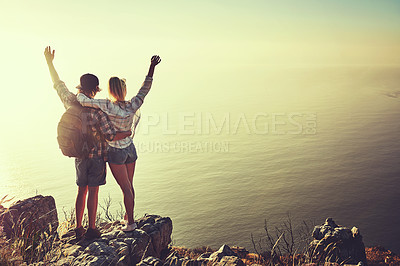 Buy stock photo Hiking, ocean view and freedom with couple in mountains for health, exercise or sightseeing together in summer. Peru, nature and travel with man, woman and hug on trail for horizon adventure mockup