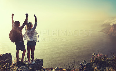 Buy stock photo Hiking, view and holding hands with couple in mountains for health, exercise or sightseeing together in summer. Peru, nature and travel with man, woman and hug on summit trail for horizon adventure