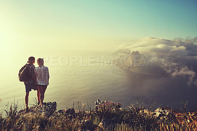 Buy stock photo Hiking, view and back with couple in mountains for health, exercise or sightseeing together in summer. Peru, nature and travel with man, woman and hug on summit trail or peak for horizon adventure