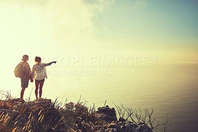 Buy stock photo Hiking, pointing and sunset with couple in mountains for health, exercise or sightseeing together in summer. Peru, nature and travel with man, woman and mockup on summit trail for horizon adventure