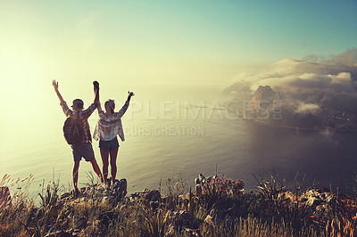 Buy stock photo Hiking, celebration and success with couple in mountains for health, achievement or sightseeing together in summer. Peru, nature and travel with man, woman and summit trail for horizon adventure