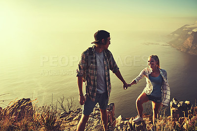 Buy stock photo Walking, holding hands and help with couple in mountains for hike, exercise or sightseeing together in summer. Peru, nature and travel with man, woman and view on summit trail for horizon adventure