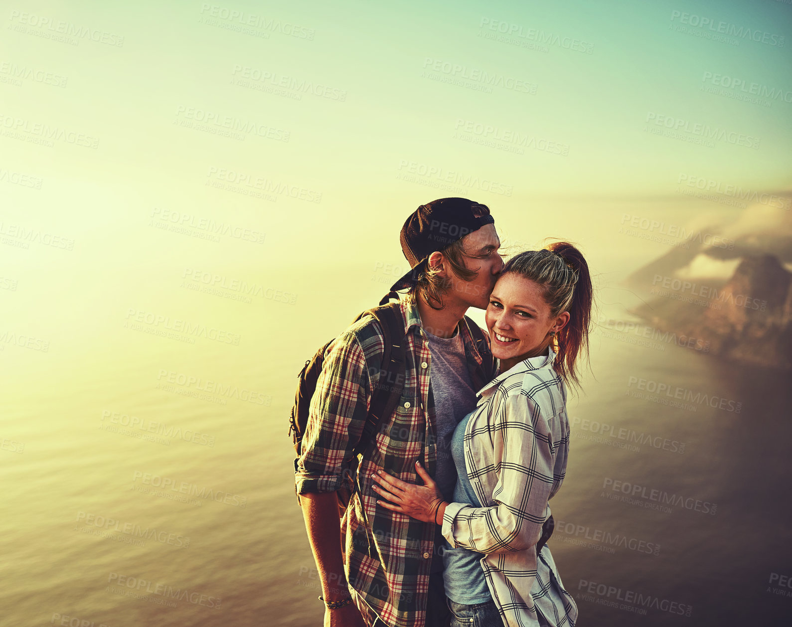 Buy stock photo Hiking, view and kiss with couple in mountains for health, exercise or sightseeing together in summer. Peru, nature and travel with man, woman and hug on summit trail or peak for horizon adventure