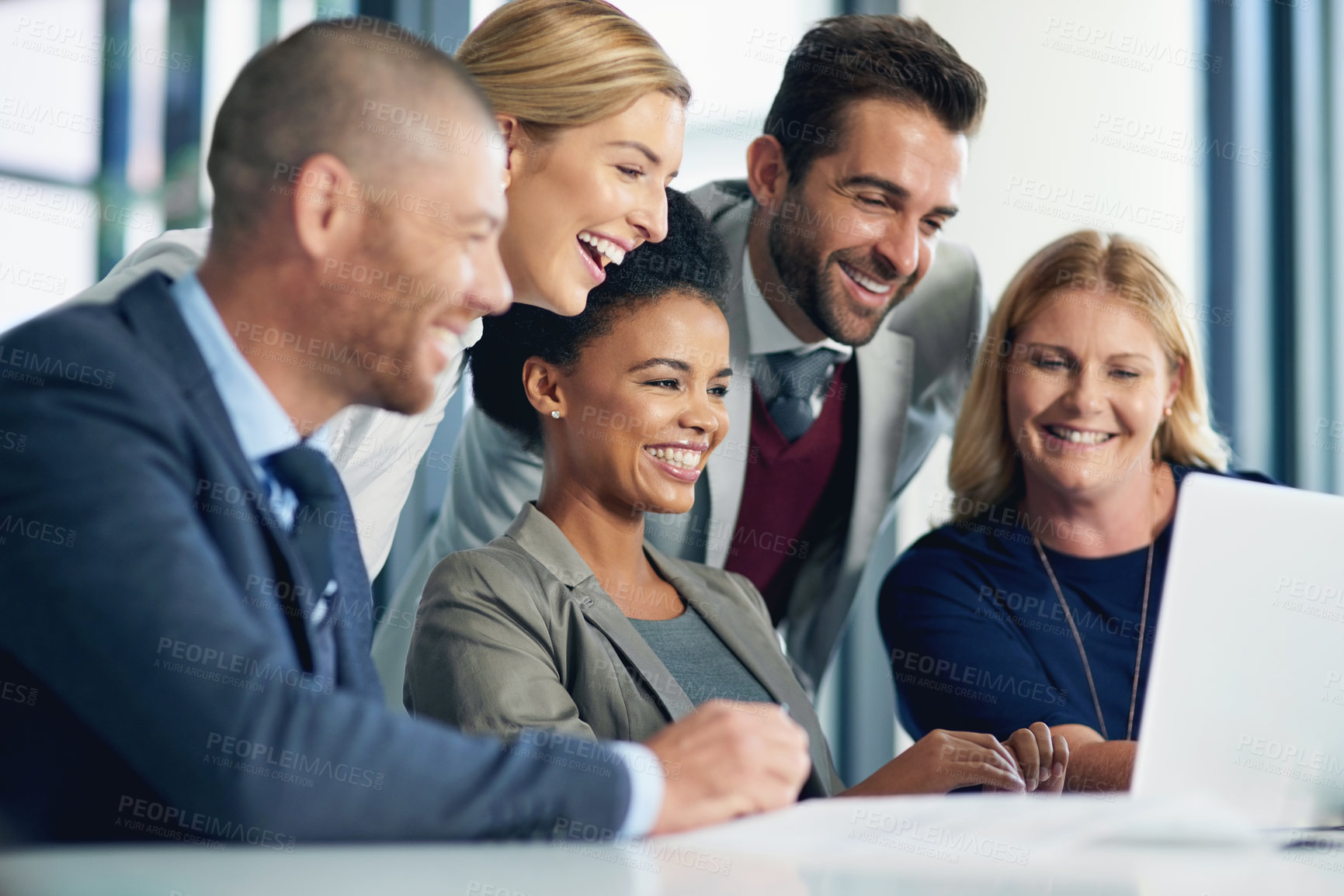 Buy stock photo Business people, happy and collaboration with laptop in office, diversity and together for problem solving. Task force, corporate team and online for risk assessment and stakeholder communication.