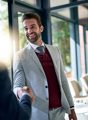 Buy stock photo Businessman, handshake and partnership for deal, b2b agreement or hiring in meeting at the office. Happy business people shaking hands in recruiting, teamwork or welcome introduction at the workplace