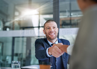 Buy stock photo Businessman, handshake and meeting for hiring, recruitment or b2b agreement in deal at office. Happy business people shaking hands in recruiting, teamwork or introduction and welcome at the workplace