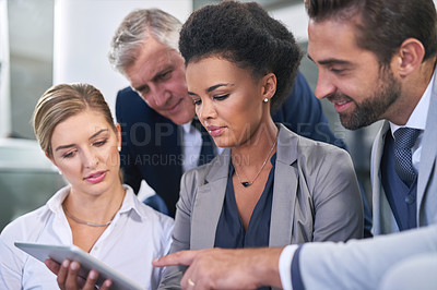 Buy stock photo Business people, stairs and tablet for online proposal in office, talking and support ideas. Employees, briefing and app for strategy or feedback in email, teamwork and diversity for collaboration