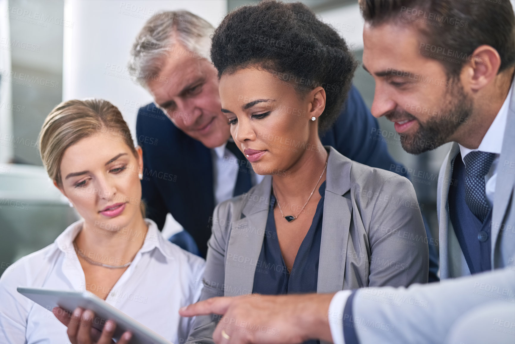 Buy stock photo Business people, stairs and tablet for online proposal in office, talking and support ideas. Employees, briefing and app for strategy or feedback in email, teamwork and diversity for collaboration