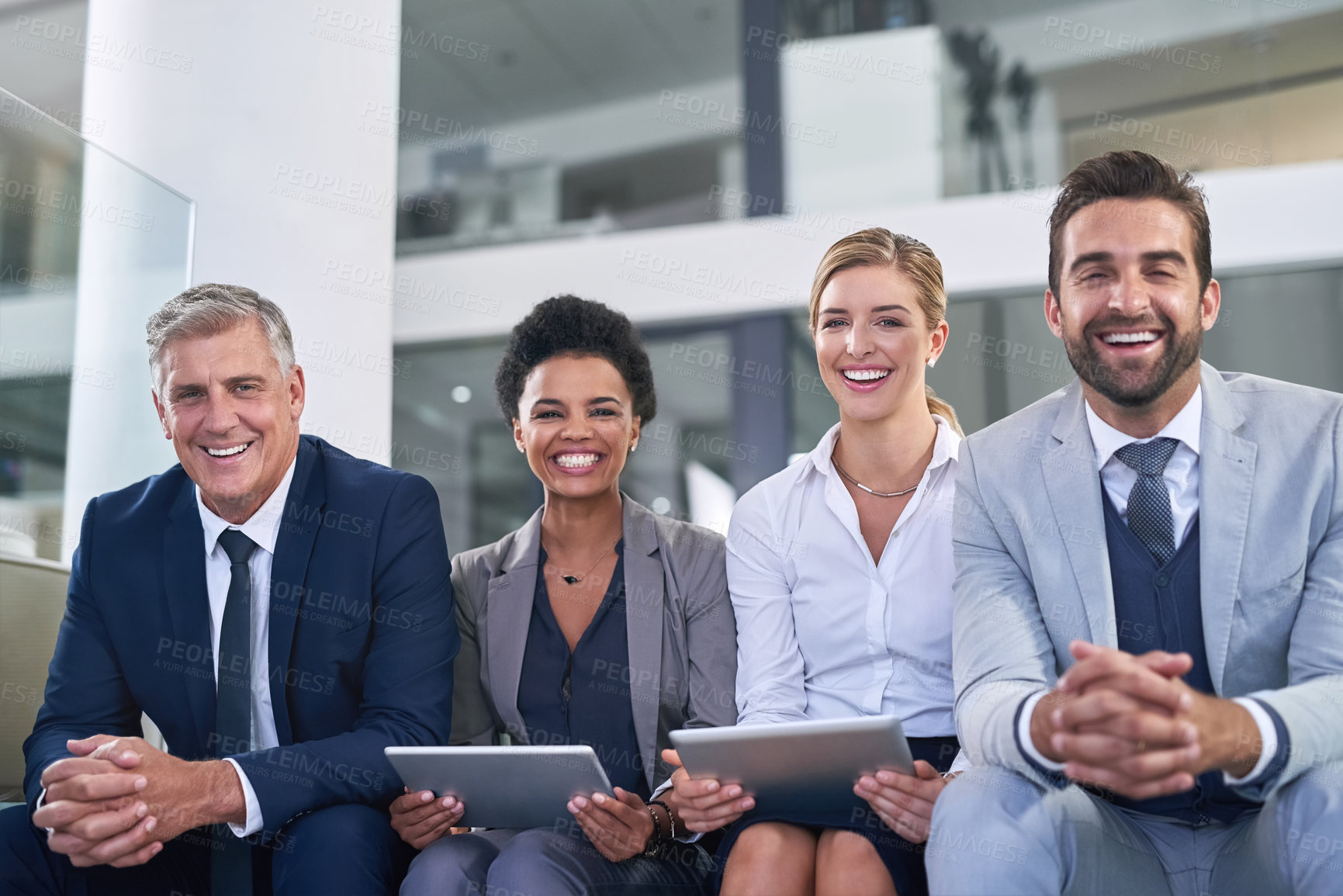 Buy stock photo Portrait, smile and tablet with team of business people laughing in office together for collaboration. Corporate, diversity or funny with man and woman employee group in workplace for administration