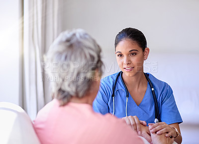 Buy stock photo Comfort, healthcare and caregiver with senior patient explaining diagnosis after consultation. Medical, support and female nurse volunteer giving advice to elderly lady in retirement at nursing home.
