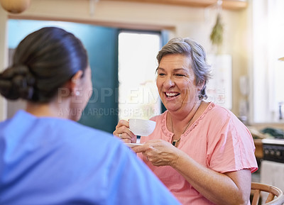 Buy stock photo Therapy, nurse and senior woman in kitchen for consultation, kindness and mental health. Tea, discussion and medical worker or caregiver with retired female person in home for conversation and advice