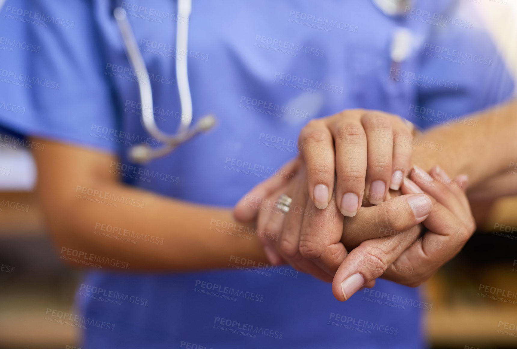 Buy stock photo Nurse, patient and holding hands for support, healthcare service and helping, muscle exam or arthritis. Professional doctor, medical or homecare woman, hand together sign and health check or nursing