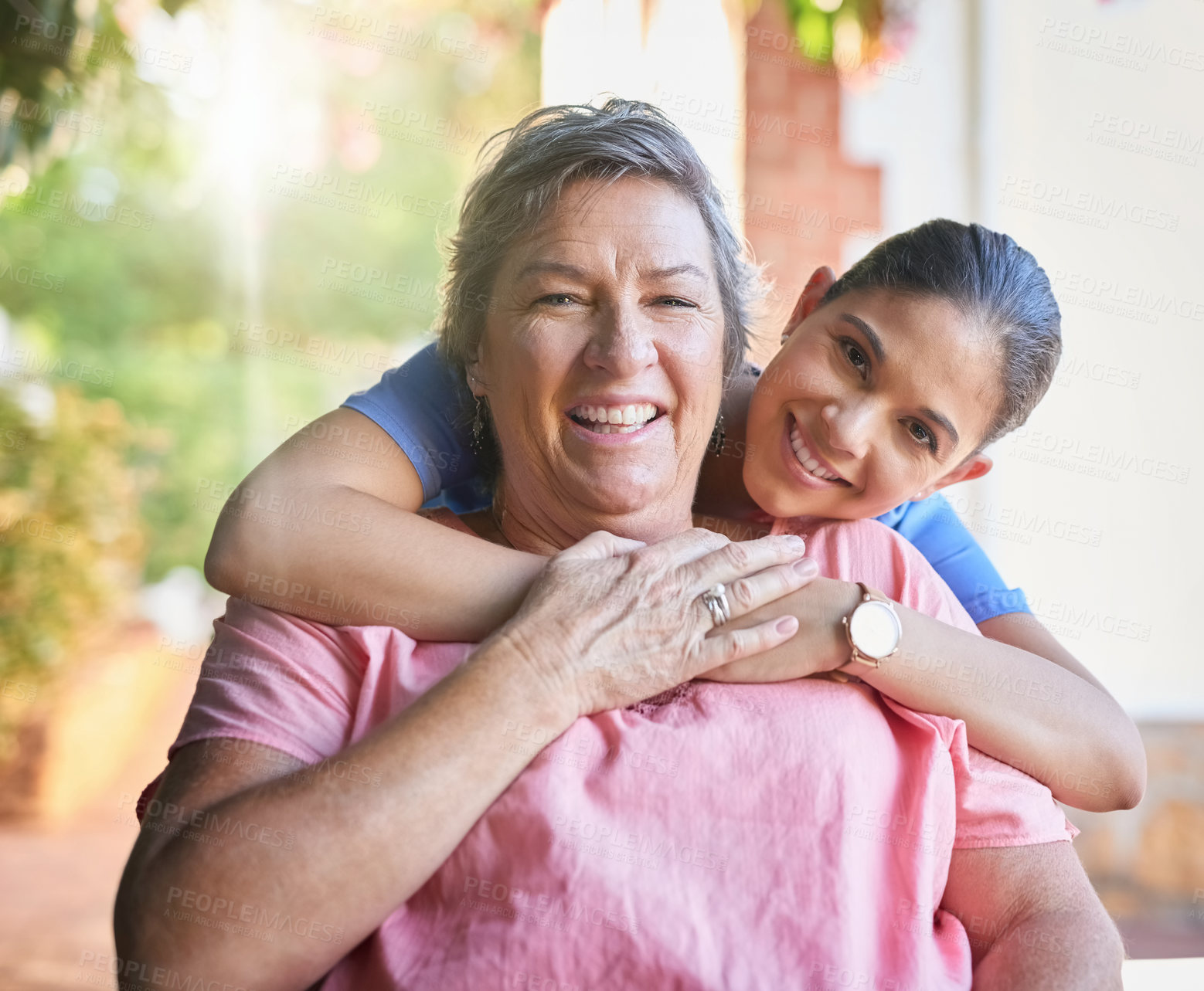 Buy stock photo Healthcare, smile and senior woman hugging nurse in portrait at retirement home for assisted living. Happy and mature, female person with disability with caregiver for rehab, medical support and care