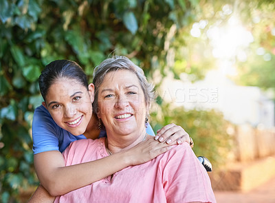 Buy stock photo Portrait of a senior patient outside with her caregiver