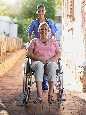 Buy stock photo Senior woman, wheelchair and nurse in portrait for homecare, healthcare service and disability support outdoor. Caregiver helping, disabled patient or person, insurance and garden for mental health