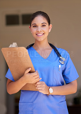 Buy stock photo Clipboard, portrait and happy woman nurse with healthcare service, hospital management and nursing. Face, smile and professional doctor or medical person with checklist for clinic career and mindset