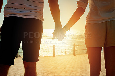 Buy stock photo Rearview shot of a couple holding hands and watching the sunset at the coast during summer