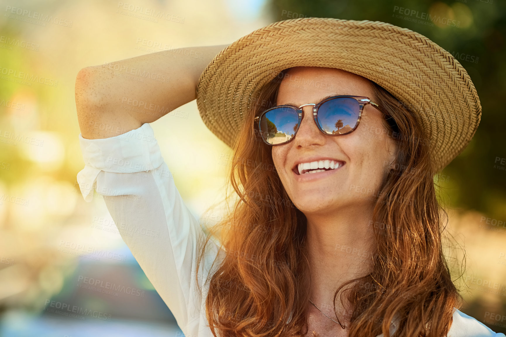 Buy stock photo Female tourist, hat or sunglasses in outdoor with thinking for vacation, idea or travel in Thailand. Woman, nature or plan for holiday in tropical climate with lens flare, journey with sun safety