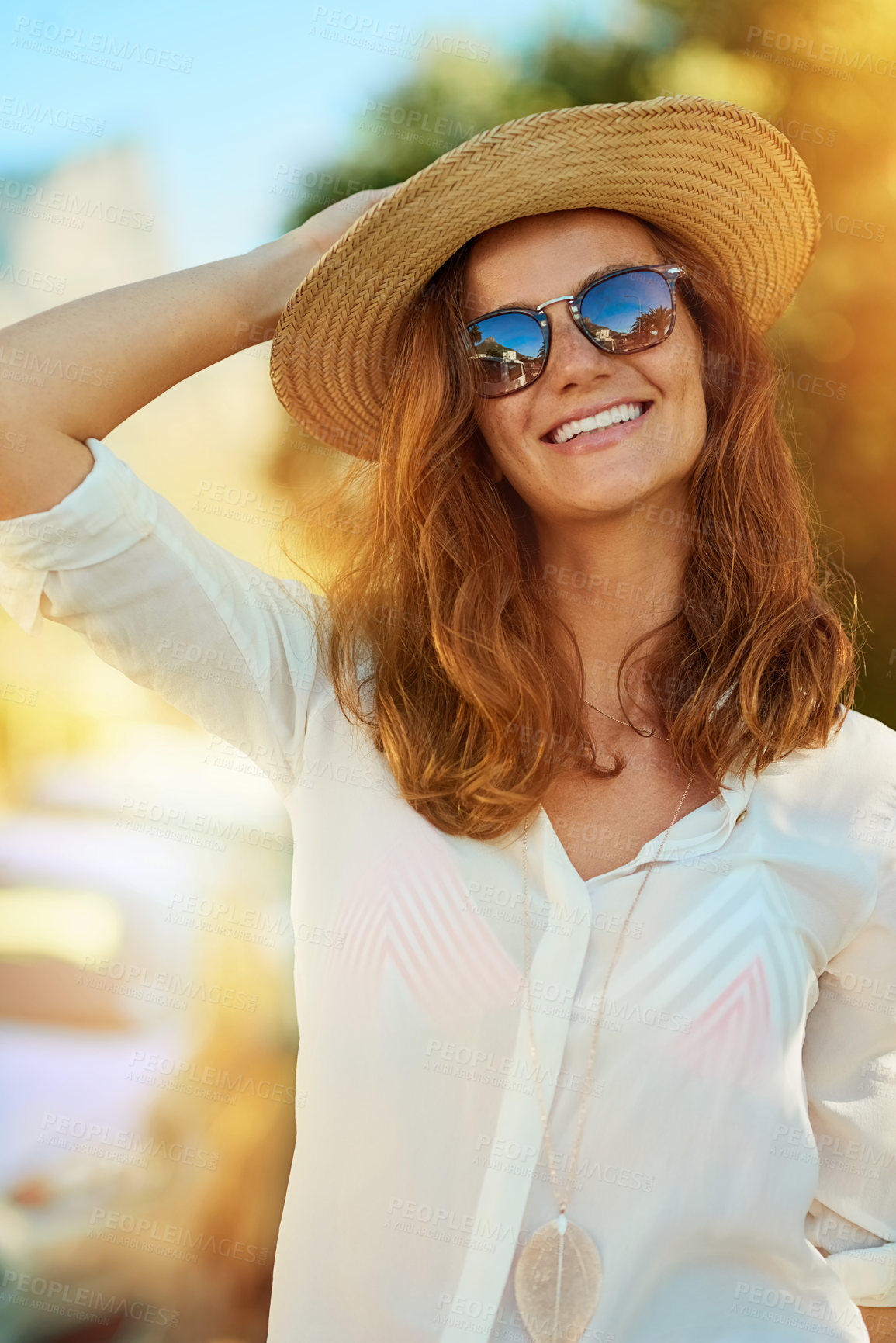 Buy stock photo Woman, hat and sunglasses in outdoor with joy for vacation, travel or relax in Thailand. Female tourist, nature or happiness for holiday in tropical climate with lens flare, journey with sun safety