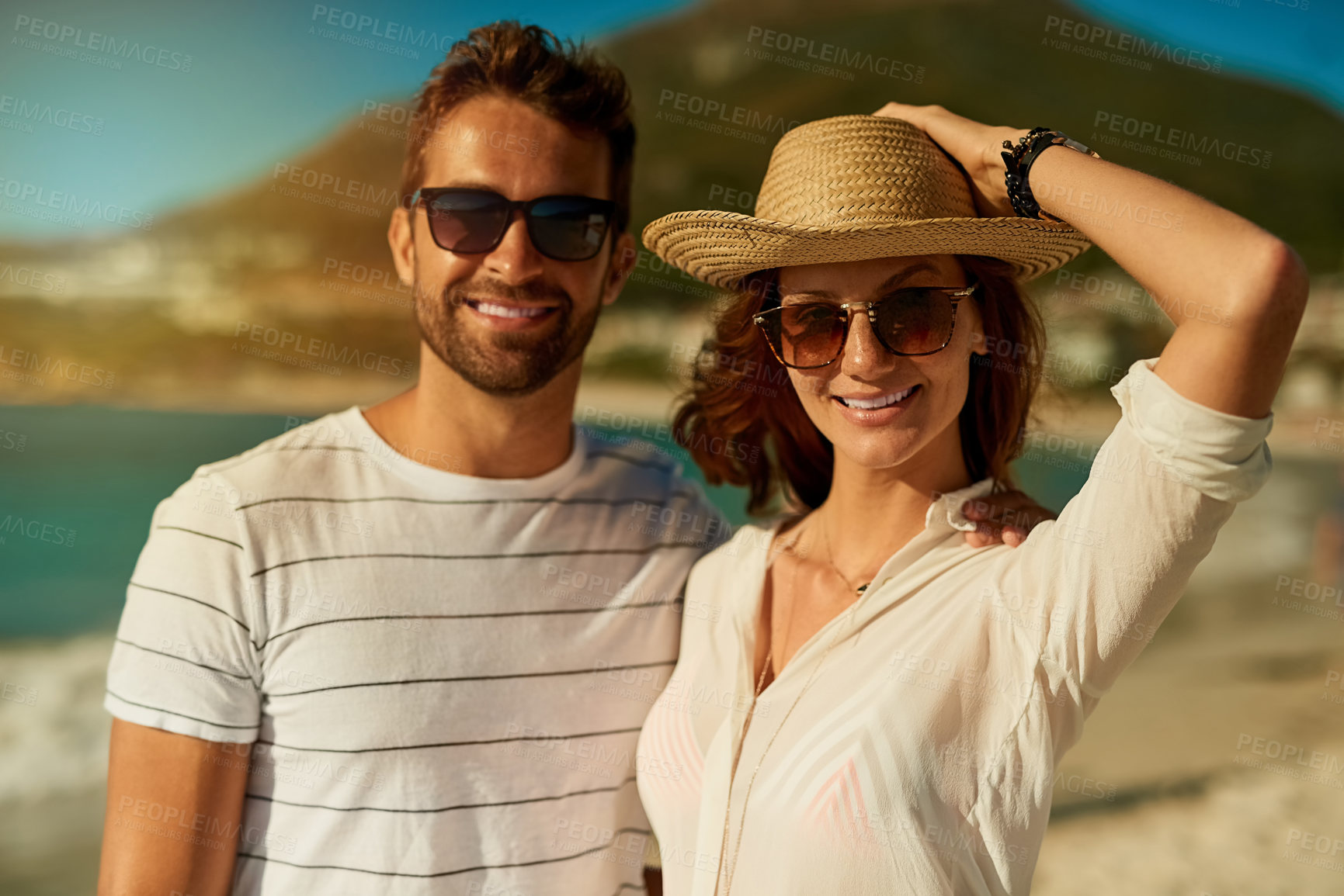 Buy stock photo Love, portrait and relax with couple on beach together for anniversary, date or romance in summer. Holiday, travel or vacation with smile of man and woman on tropical island paradise for honeymoon