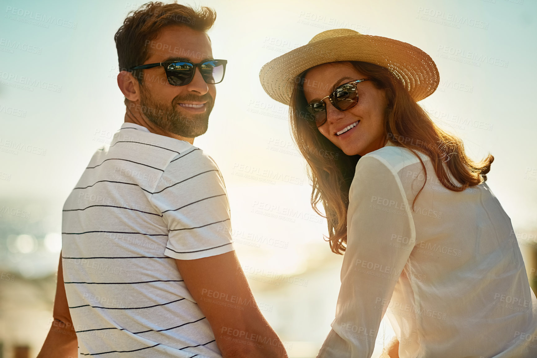 Buy stock photo Holiday, love and portrait with couple on beach together for anniversary, date or romance in summer. Smile, travel or vacation with happy man and woman on tropical island paradise for honeymoon