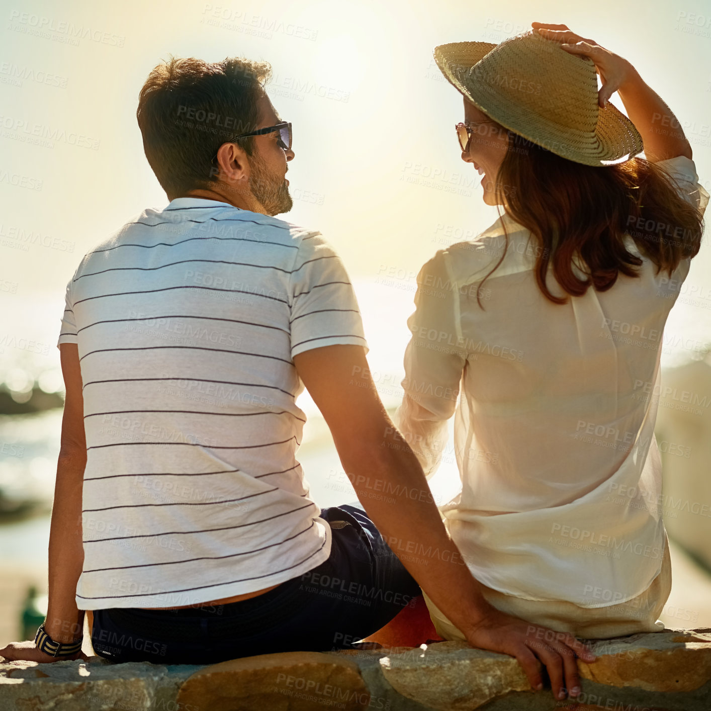 Buy stock photo Happy, couple and vacation for date, relax and sunglasses for summer, tropical and smile in holiday. Trip, woman and man in Cancun, hat and adventure for romance in marriage, outdoor and travel