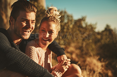 Buy stock photo Nature, sunset and couple on mountain hugging, laughing and bonding on romantic date for marriage connection. Happy, relax and young man and woman embracing with love on mountain in Switzerland.