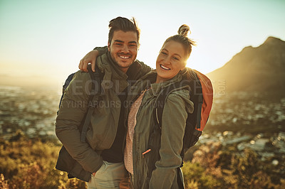 Buy stock photo Couple, hiking and portrait smile on mountain for bonding, exercise and travel adventure in nature. Happy man, woman and outdoor date on cliff with love relationship, sunrise and trekking in Mexico